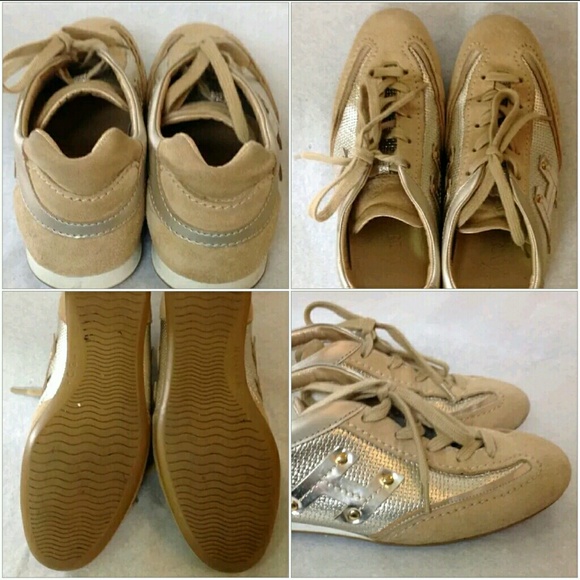 Gold Calfskin Leather Suede Flats Sneakers Size 5 - Picture 3 of 4